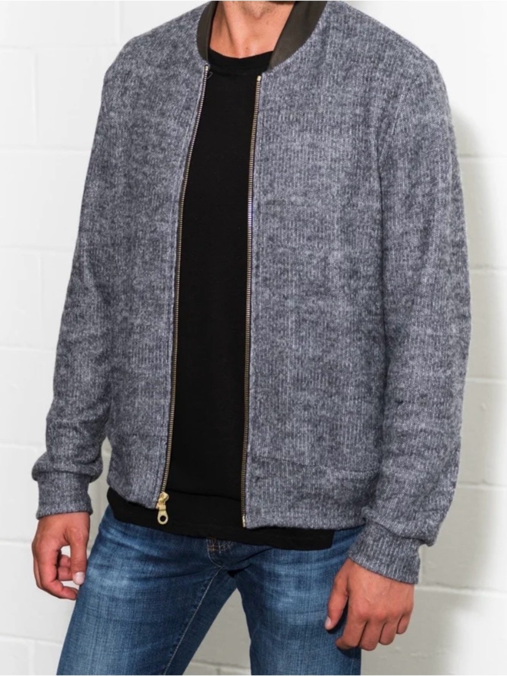 NWT Mika Jaymes Luxury Knit Bomber Grey XL 100% Cotton Leather Trim USA